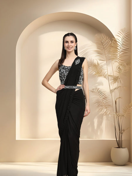 Stylum Women's Black Party Wear Ruffled & Belted Ready To Wear Lycra Saree (SRWENDYBLACK)