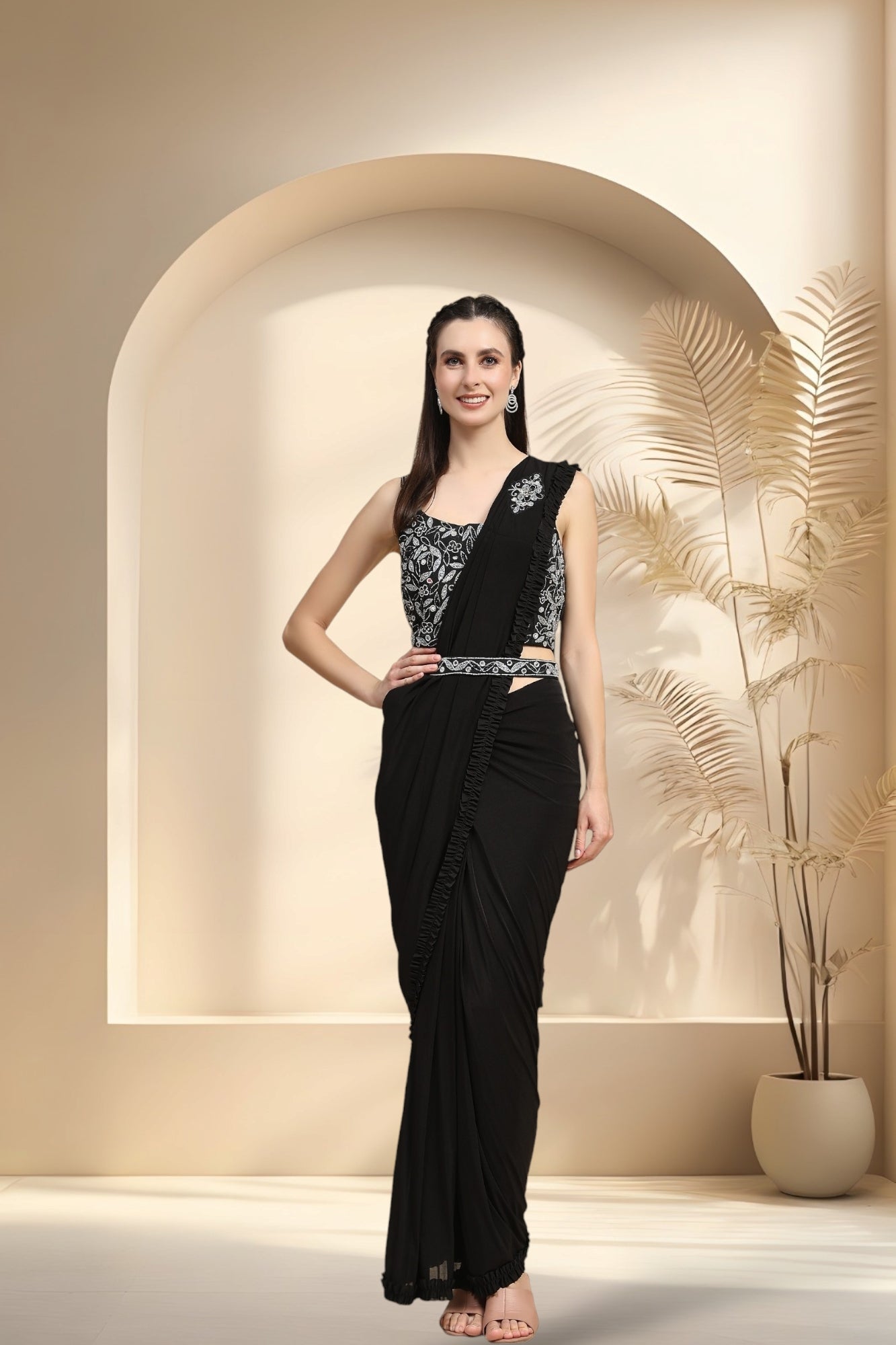 Stylum Women's Black Party Wear Ruffled & Belted Ready To Wear Lycra Saree (SRWENDYBLACK)