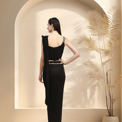 Stylum Women's Black Party Wear Ruffled & Belted Ready To Wear Lycra Saree (SRWENDYBLACK)
