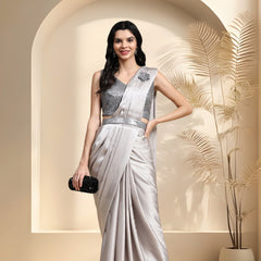 Stylum Women's Grey Party Wear Belted Ready To Wear Satin Saree (SRWILSONGREY)