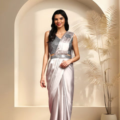 Stylum Women's Grey Party Wear Belted Ready To Wear Satin Saree (SRWILSONGREY)