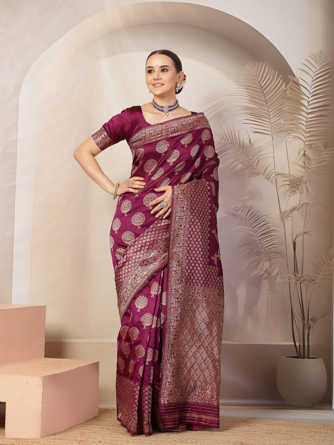 Stylum Women's Wine Ethnic Motifs Banarsi Woven Zari Silk Saree (SRWINEBOOTA)