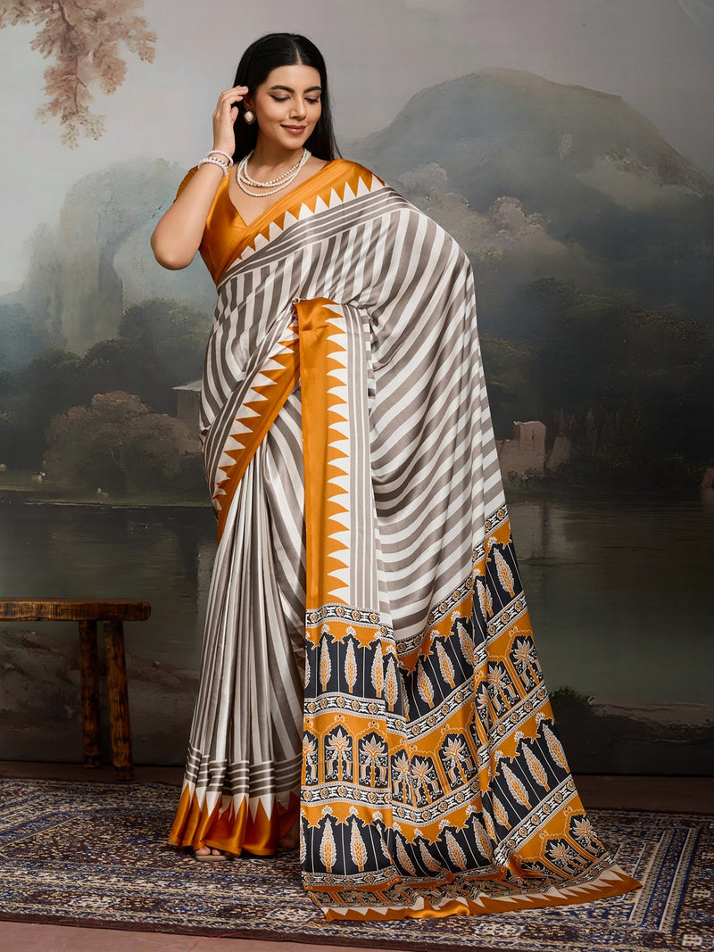 Stylum Women's Yellow Ajrakh Printed Modal Satin Saree With Unstitched Blouse Piece (SRYELLOWBORIL)