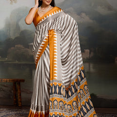 Stylum Women's Yellow Ajrakh Printed Modal Satin Saree With Unstitched Blouse Piece (SRYELLOWBORIL)