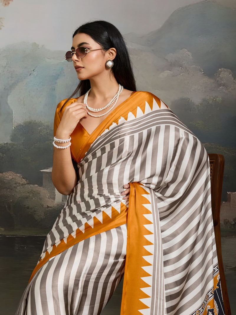 Stylum Women's Yellow Ajrakh Printed Modal Satin Saree With Unstitched Blouse Piece (SRYELLOWBORIL)