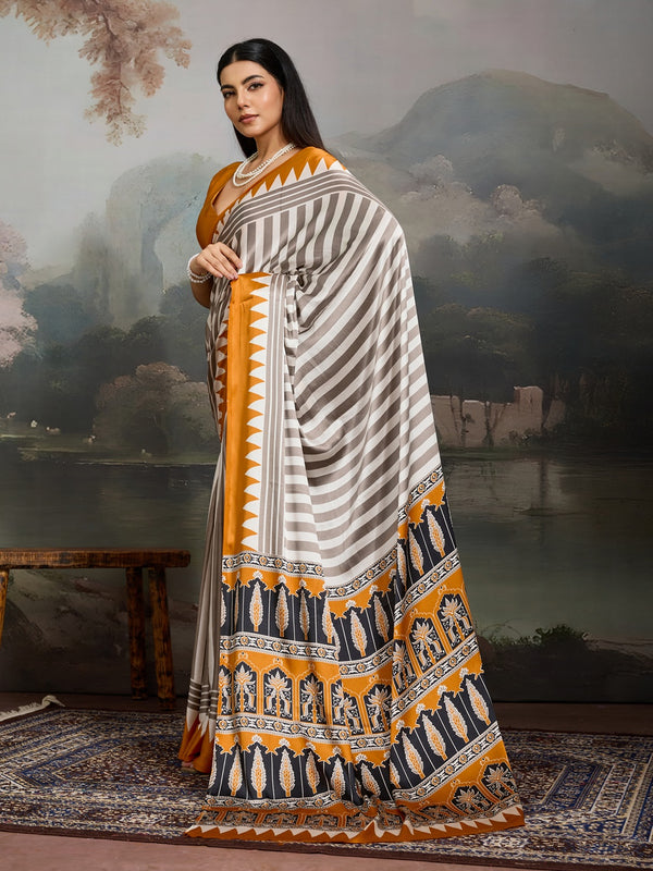 Stylum Women's Yellow Ajrakh Printed Modal Satin Saree With Unstitched Blouse Piece (SRYELLOWBORIL)