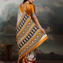 Stylum Women's Yellow Ajrakh Printed Modal Satin Saree With Unstitched Blouse Piece (SRYELLOWBORIL)