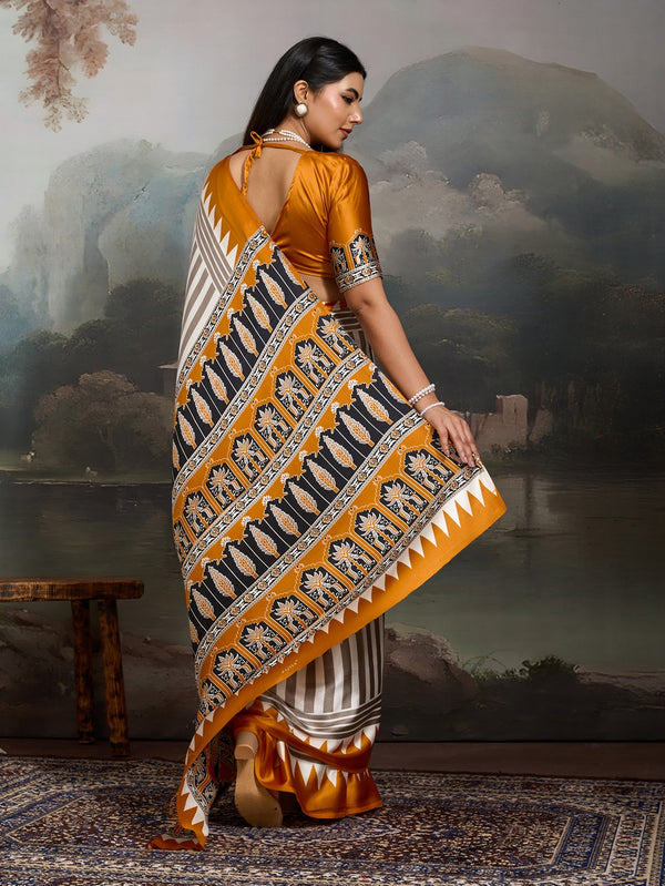 Stylum Women's Yellow Ajrakh Printed Modal Satin Saree With Unstitched Blouse Piece (SRYELLOWBORIL)