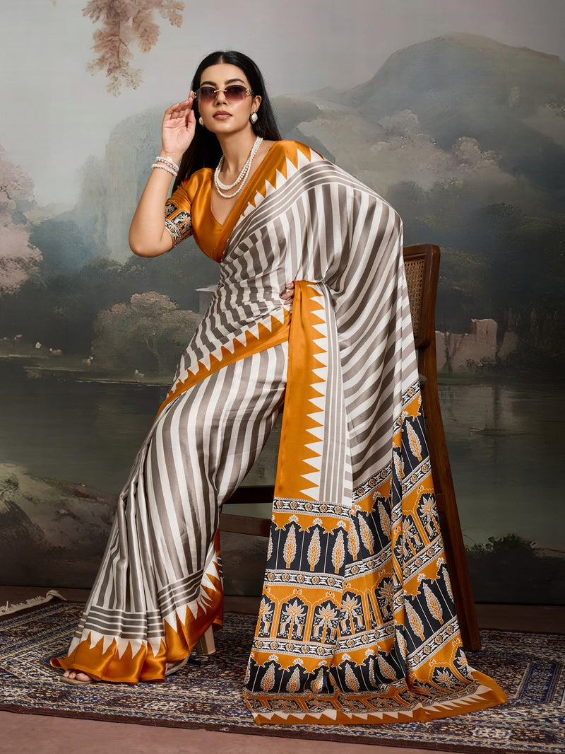 Stylum Women's Yellow Ajrakh Printed Modal Satin Saree With Unstitched Blouse Piece (SRYELLOWBORIL)