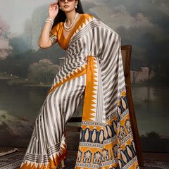Stylum Women's Yellow Ajrakh Printed Modal Satin Saree With Unstitched Blouse Piece (SRYELLOWBORIL)