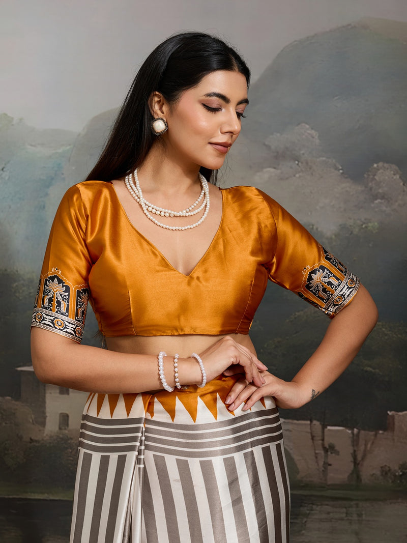 Stylum Women's Yellow Ajrakh Printed Modal Satin Saree With Unstitched Blouse Piece (SRYELLOWBORIL)