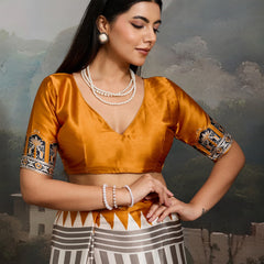 Stylum Women's Yellow Ajrakh Printed Modal Satin Saree With Unstitched Blouse Piece (SRYELLOWBORIL)