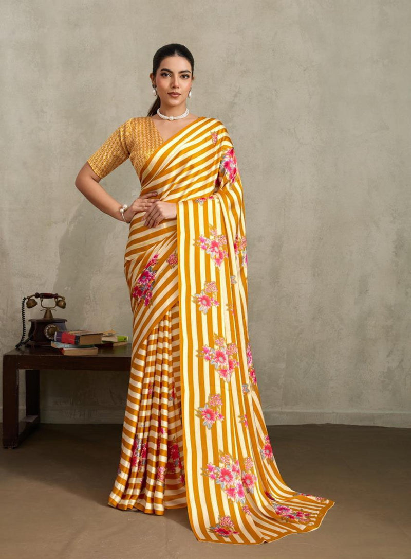 Stylum Women's Yellow Floral Printed Satin Saree With Unstitched Blouse Piece (SRYELLOWGLOBE)