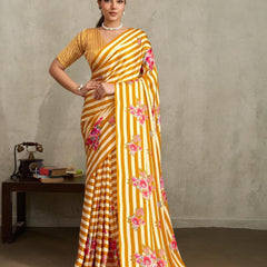Stylum Women's Yellow Floral Printed Satin Saree With Unstitched Blouse Piece (SRYELLOWGLOBE)