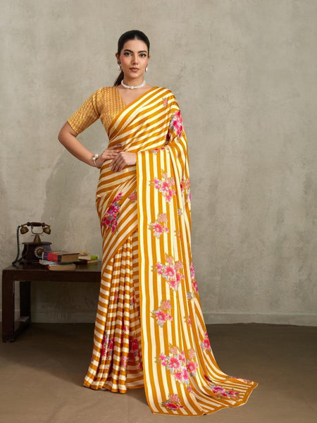 Stylum Women's Yellow Floral Printed Satin Saree With Unstitched Blouse Piece (SRYELLOWGLOBE)