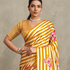 Stylum Women's Yellow Floral Printed Satin Saree With Unstitched Blouse Piece (SRYELLOWGLOBE)