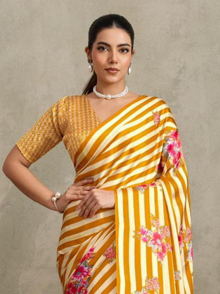 Stylum Women's Yellow Floral Printed Satin Saree With Unstitched Blouse Piece (SRYELLOWGLOBE)