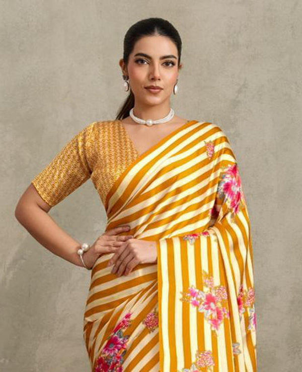 Stylum Women's Yellow Floral Printed Satin Saree With Unstitched Blouse Piece (SRYELLOWGLOBE)