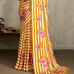 Stylum Women's Yellow Floral Printed Satin Saree With Unstitched Blouse Piece (SRYELLOWGLOBE)