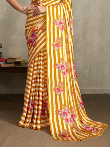 Stylum Women's Yellow Floral Printed Satin Saree With Unstitched Blouse Piece (SRYELLOWGLOBE)