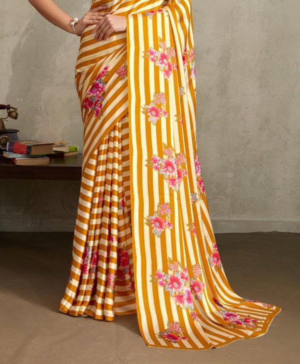 Stylum Women's Yellow Floral Printed Satin Saree With Unstitched Blouse Piece (SRYELLOWGLOBE)
