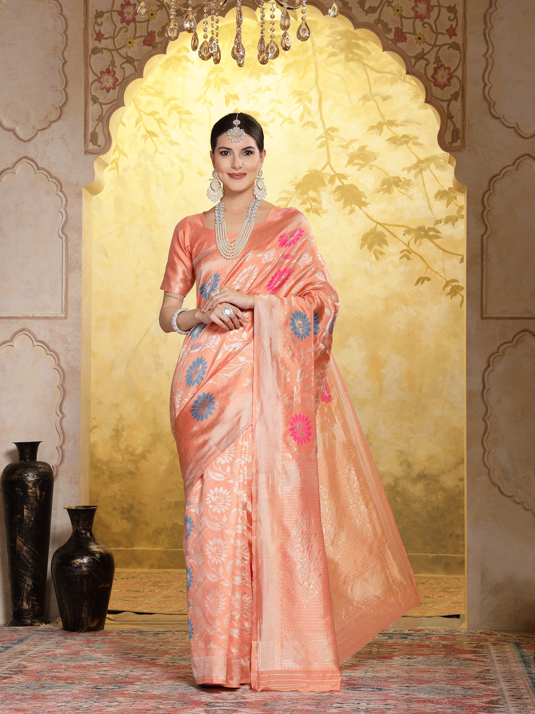 Stylum Women's Peach Paisley Woven Zari Border Silk Saree (SRZOHRAPEACH)