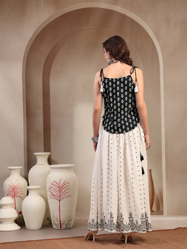 Stylum Women's Black Ethnic Printed Rayon Short Peplum Top With Skirt Co-Ord Set (STBLACKFANTASY)