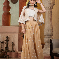Stylum Women's Beige Jacket Style Party Wear Georgette Crop Top Palazzo Dupatta Co-ord Set (STDBEIGEARAVALI)