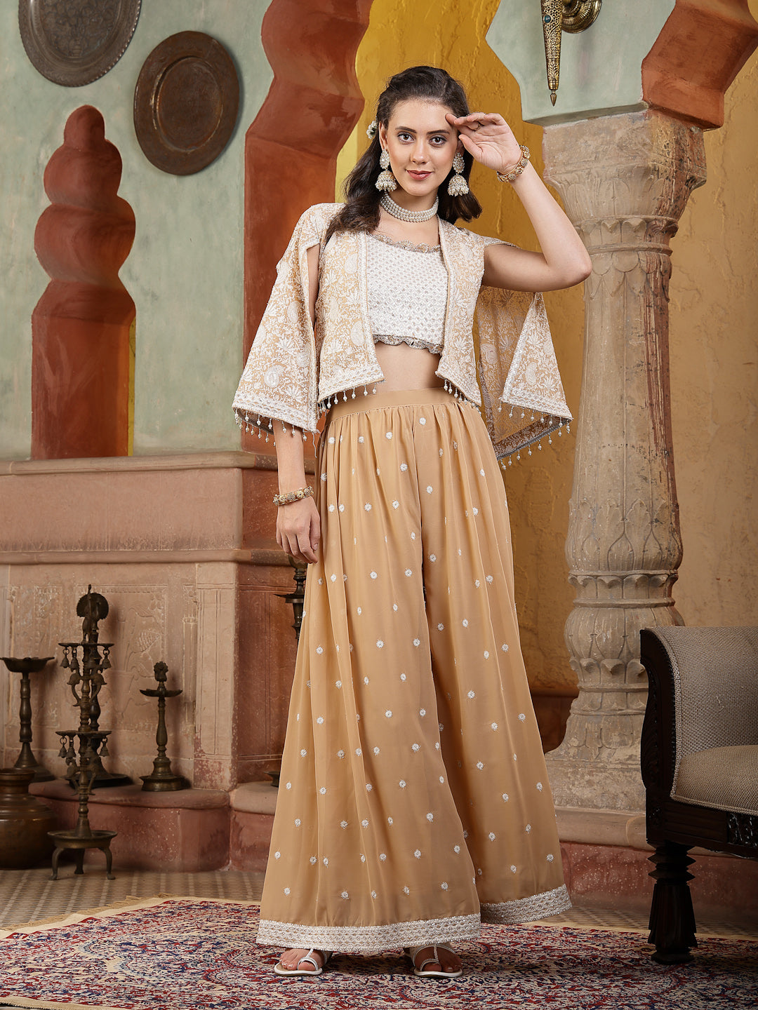 Stylum Women's Beige Jacket Style Party Wear Georgette Crop Top Palazzo Dupatta Co-ord Set (STDBEIGEARAVALI)