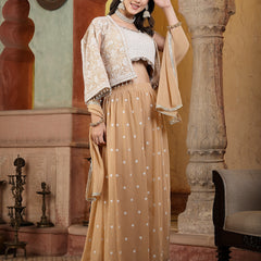 Stylum Women's Beige Jacket Style Party Wear Georgette Crop Top Palazzo Dupatta Co-ord Set (STDBEIGEARAVALI)