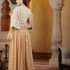 Stylum Women's Beige Jacket Style Party Wear Georgette Crop Top Palazzo Dupatta Co-ord Set (STDBEIGEARAVALI)