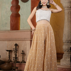 Stylum Women's Beige Jacket Style Party Wear Georgette Crop Top Palazzo Dupatta Co-ord Set (STDBEIGEARAVALI)