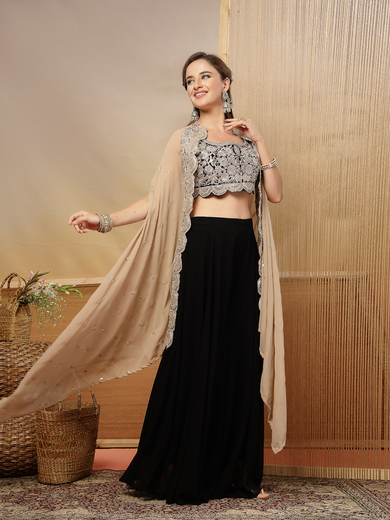Stylum Women's Black Solid & Embroidered Crape Silk Co-Ord Set (STDBLACKKOPAR)