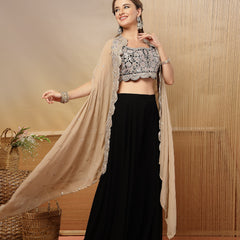 Stylum Women's Black Solid & Embroidered Crape Silk Co-Ord Set (STDBLACKKOPAR)