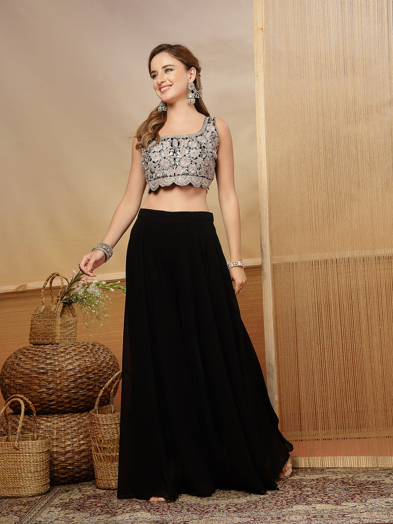Stylum Women's Black Solid & Embroidered Crape Silk Co-Ord Set (STDBLACKKOPAR)