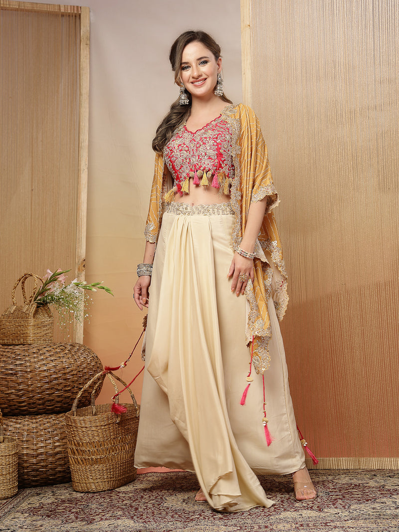 Stylum Women's Cream Bandhani Printed & Embroidered Crape Silk Co-Ord Set (STDCREAMTOPIC)