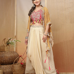 Stylum Women's Cream Bandhani Printed & Embroidered Crape Silk Co-Ord Set (STDCREAMTOPIC)
