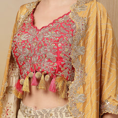 Stylum Women's Cream Bandhani Printed & Embroidered Crape Silk Co-Ord Set (STDCREAMTOPIC)