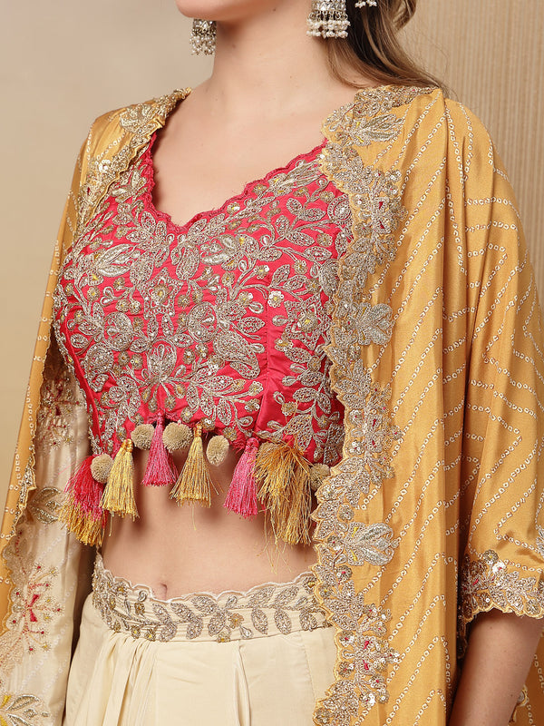 Stylum Women's Cream Bandhani Printed & Embroidered Crape Silk Co-Ord Set (STDCREAMTOPIC)