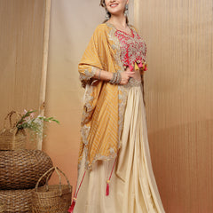 Stylum Women's Cream Bandhani Printed & Embroidered Crape Silk Co-Ord Set (STDCREAMTOPIC)
