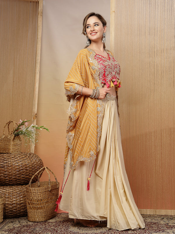 Stylum Women's Cream Bandhani Printed & Embroidered Crape Silk Co-Ord Set (STDCREAMTOPIC)