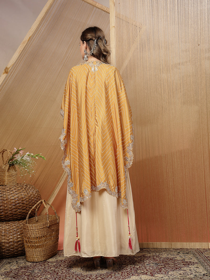Stylum Women's Cream Bandhani Printed & Embroidered Crape Silk Co-Ord Set (STDCREAMTOPIC)