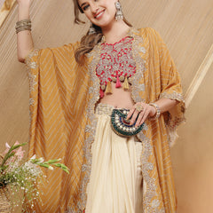 Stylum Women's Cream Bandhani Printed & Embroidered Crape Silk Co-Ord Set (STDCREAMTOPIC)