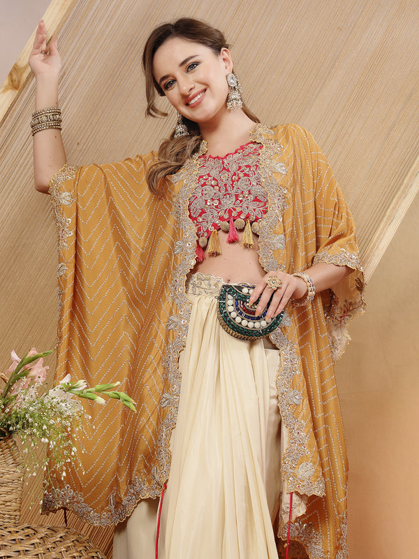Stylum Women's Cream Bandhani Printed & Embroidered Crape Silk Co-Ord Set (STDCREAMTOPIC)