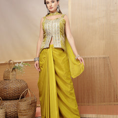 Stylum Women's Mustard Solid & Embroidered Organza Co-Ord Set (STDMUSTHAZEL)