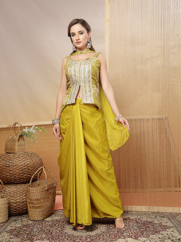 Stylum Women's Mustard Solid & Embroidered Organza Co-Ord Set (STDMUSTHAZEL)