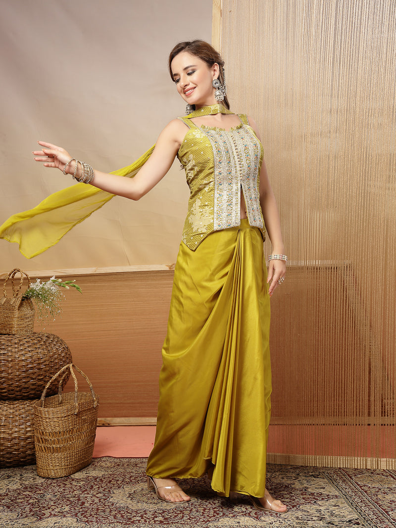 Stylum Women's Mustard Solid & Embroidered Organza Co-Ord Set (STDMUSTHAZEL)