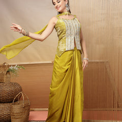 Stylum Women's Mustard Solid & Embroidered Organza Co-Ord Set (STDMUSTHAZEL)