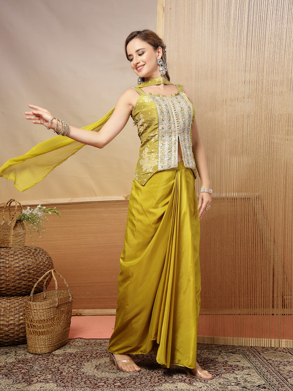 Stylum Women's Mustard Solid & Embroidered Organza Co-Ord Set (STDMUSTHAZEL)