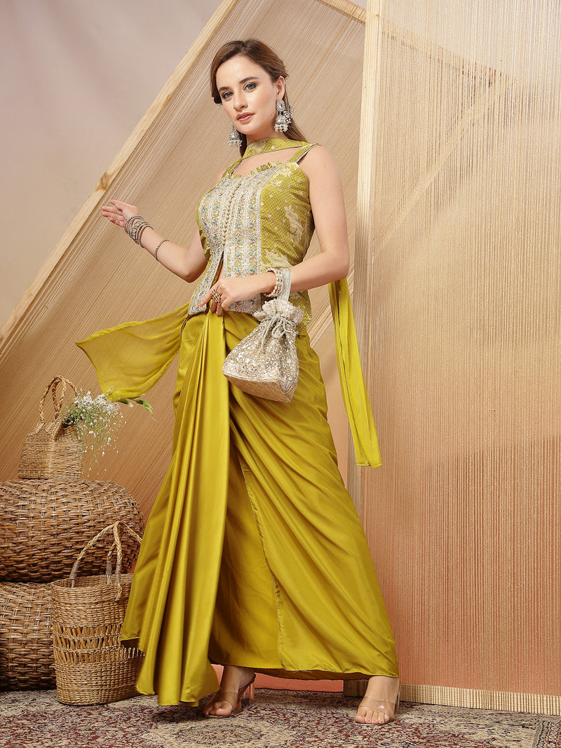 Stylum Women's Mustard Solid & Embroidered Organza Co-Ord Set (STDMUSTHAZEL)